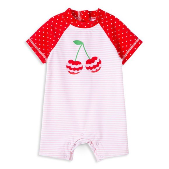 NEW LITTLE ME Baby Cherry Appliqué UPF 50+ Rashguard Swimsuit Stripe Polka Dot